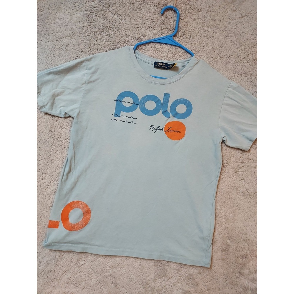 Polo Ralph Lauren Shirt Womens Medium Nautical Cotton Spellout Faded Blue Preppy
